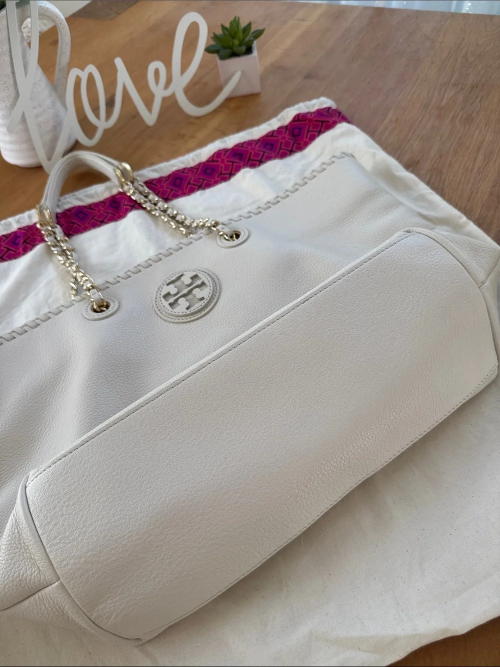 Tory Burch White Leather Chain-Handle Tote with